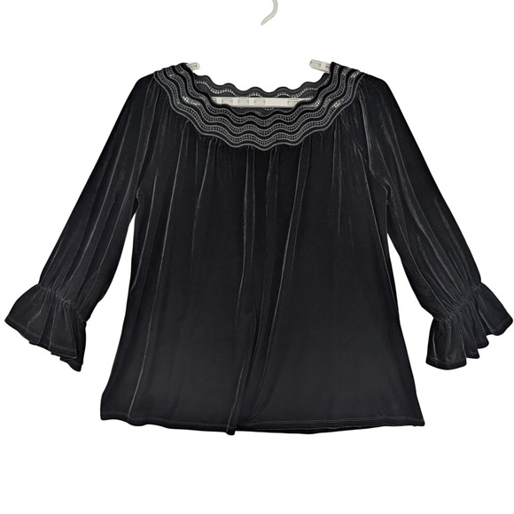 Rafaella Tops - Rafaella Black Velvety Velour Lace Neckline Bell Sleeve Women's Swing Top Size L